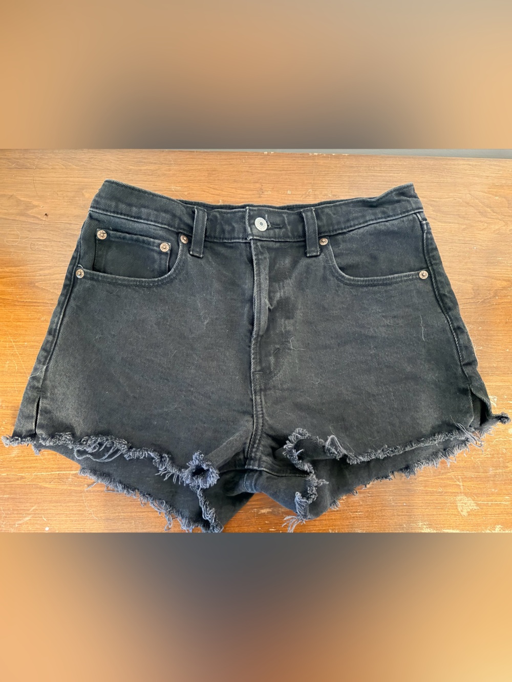 Abercrombie the Mom Short high rise Black Frayed Hem Denim Shorts
